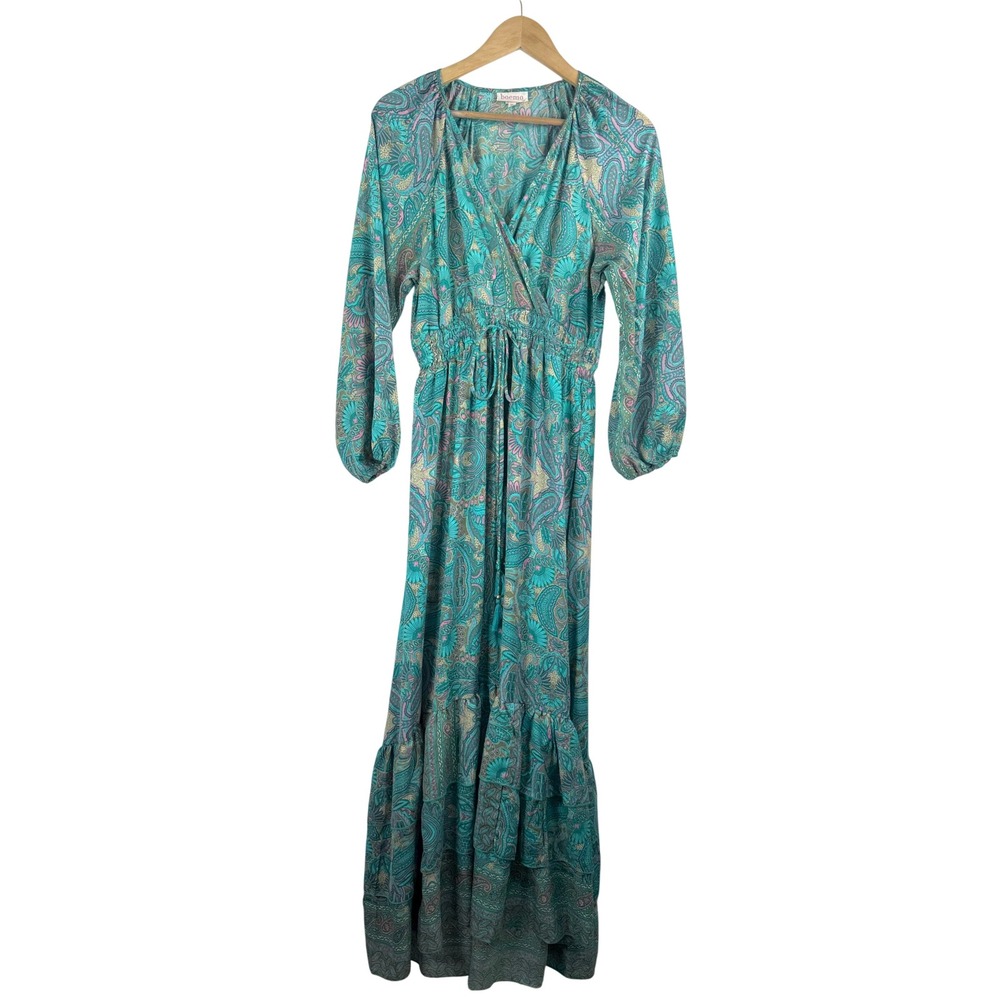 boemo Maxi Dress s M Teal Paisley Boho Tiered Ruffle Surplice whimsical